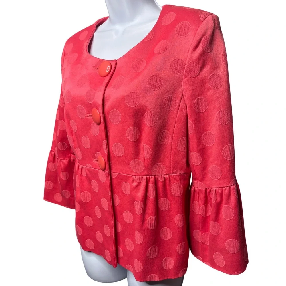 CHARLES GRAY London Womens Coral Polka Dot Peplum Jacket M Bell Sleeve Jackie O